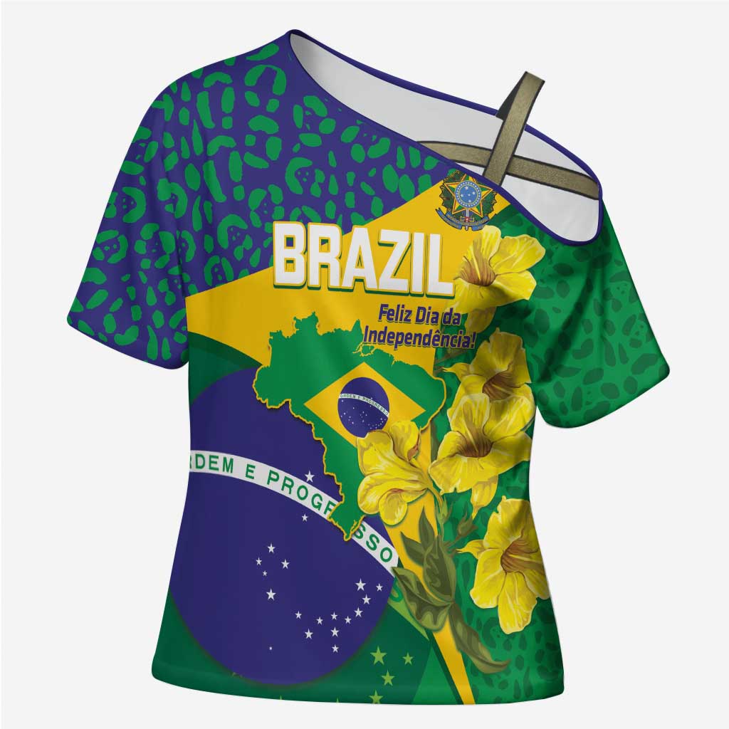 Brazil Independence Day Cross Shoulder Shirt Ordem e Progresso Map With Golden Trumpet - Wonder Print Shop