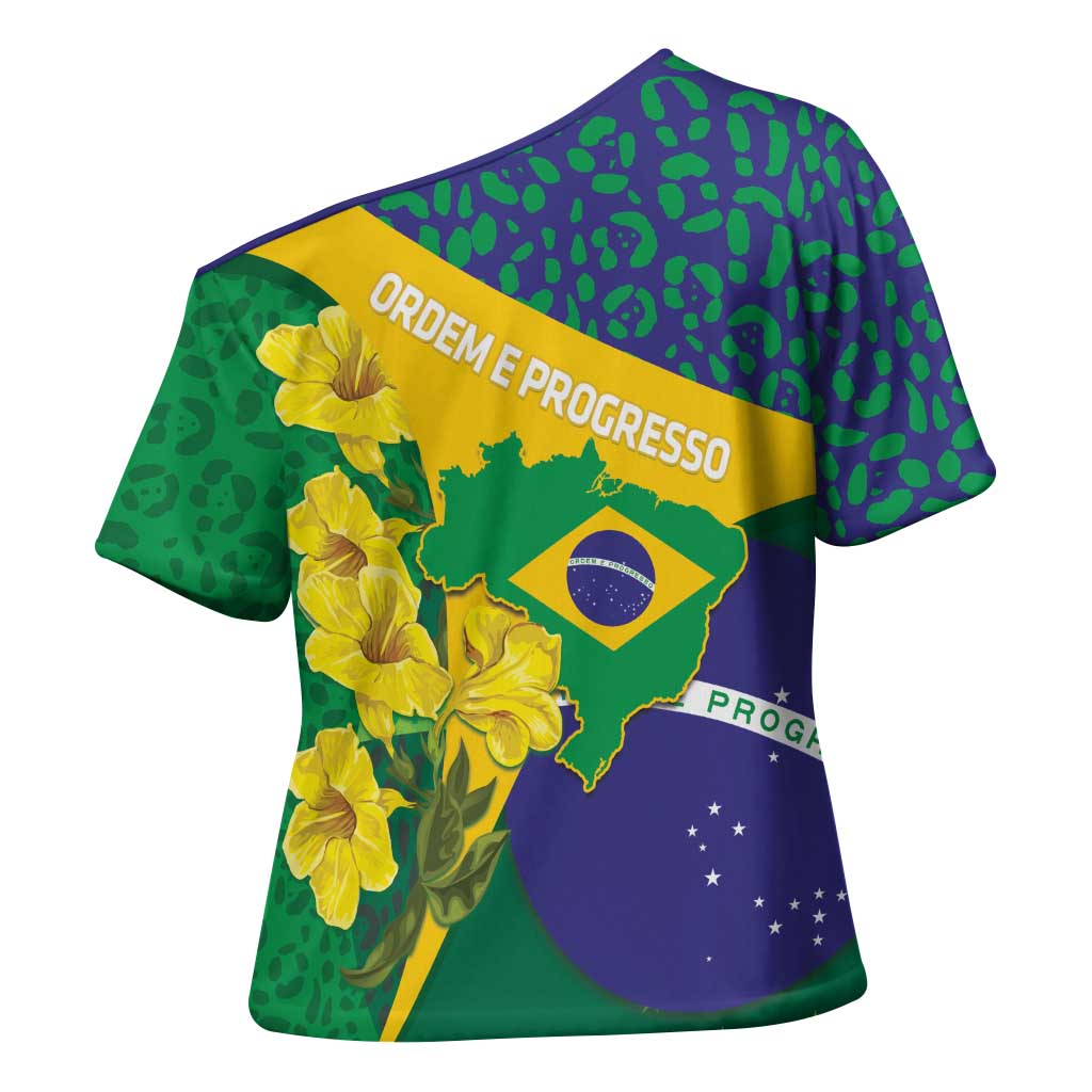 Brazil Independence Day Cross Shoulder Shirt Ordem e Progresso Map With Golden Trumpet - Wonder Print Shop
