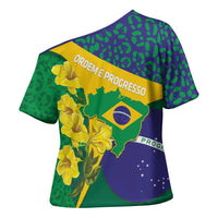 Brazil Independence Day Cross Shoulder Shirt Ordem e Progresso Map With Golden Trumpet - Wonder Print Shop