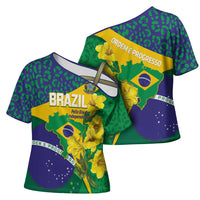 Brazil Independence Day Cross Shoulder Shirt Ordem e Progresso Map With Golden Trumpet - Wonder Print Shop