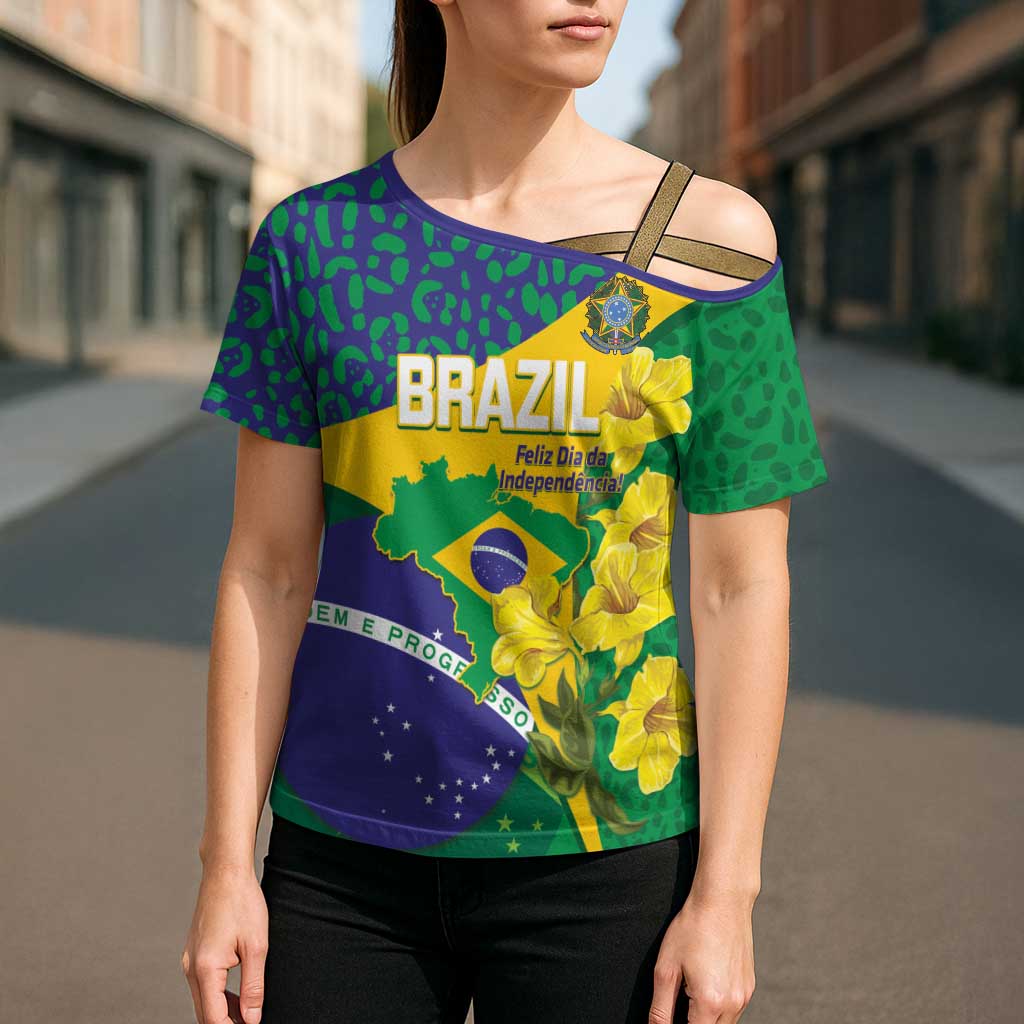 Brazil Independence Day Cross Shoulder Shirt Ordem e Progresso Map With Golden Trumpet - Wonder Print Shop