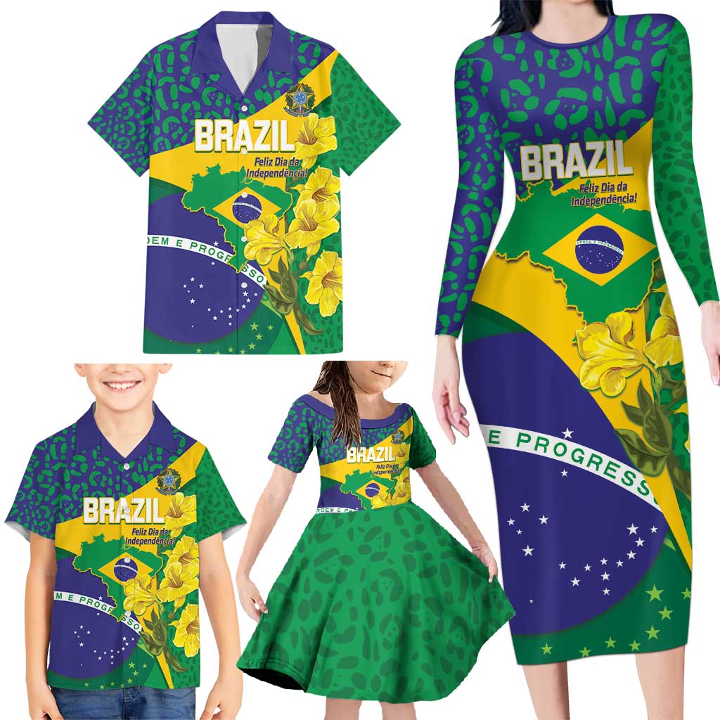 Brazil Independence Day Family Matching Long Sleeve Bodycon Dress and Hawaiian Shirt Ordem e Progresso Map With Golden Trumpet - Wonder Print Shop