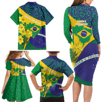Brazil Independence Day Family Matching Long Sleeve Bodycon Dress and Hawaiian Shirt Ordem e Progresso Map With Golden Trumpet - Wonder Print Shop