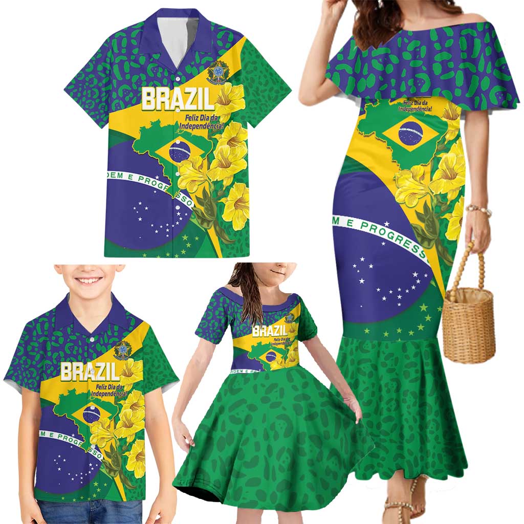 Brazil Independence Day Family Matching Mermaid Dress and Hawaiian Shirt Ordem e Progresso Map With Golden Trumpet - Wonder Print Shop