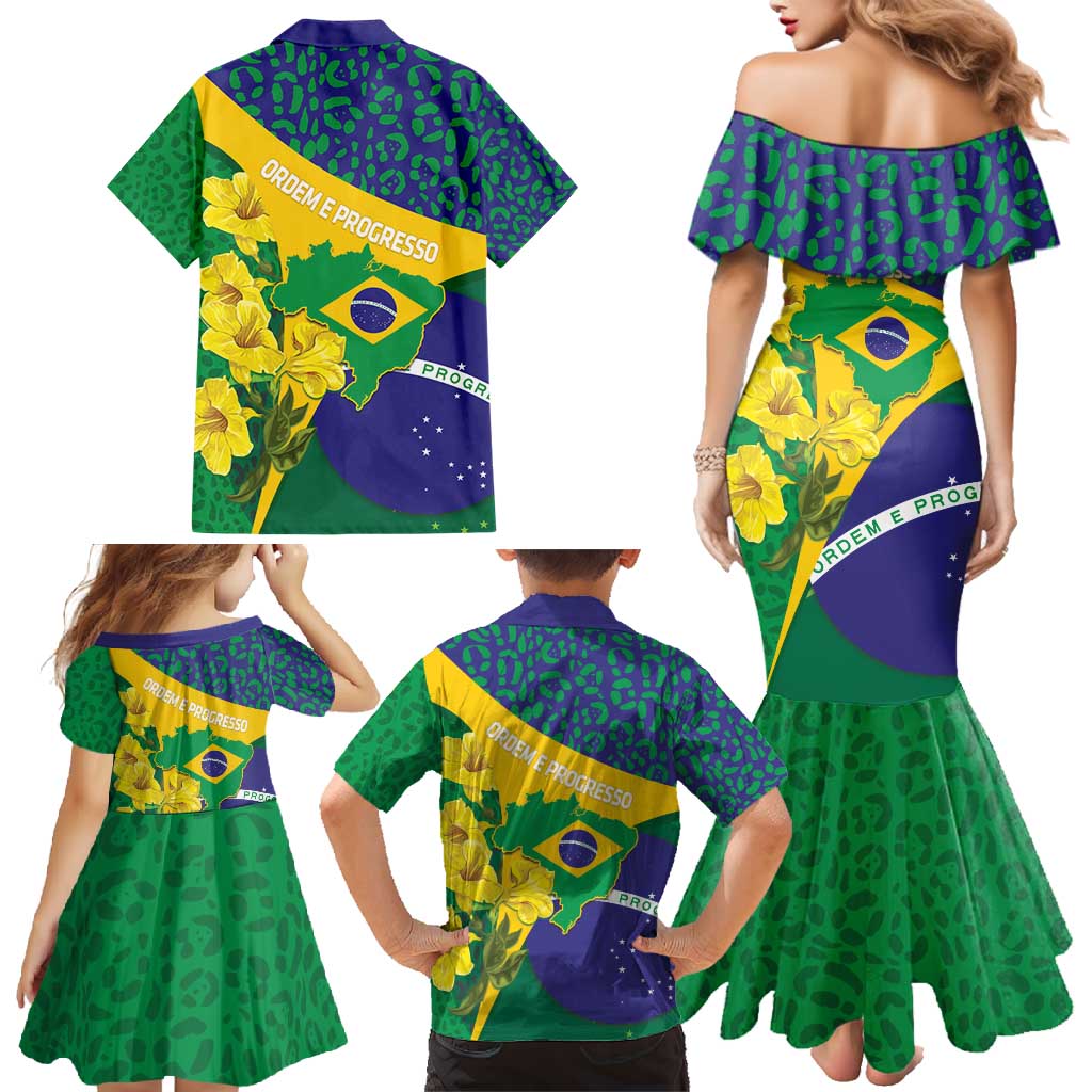 Brazil Independence Day Family Matching Mermaid Dress and Hawaiian Shirt Ordem e Progresso Map With Golden Trumpet - Wonder Print Shop