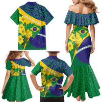Brazil Independence Day Family Matching Mermaid Dress and Hawaiian Shirt Ordem e Progresso Map With Golden Trumpet - Wonder Print Shop
