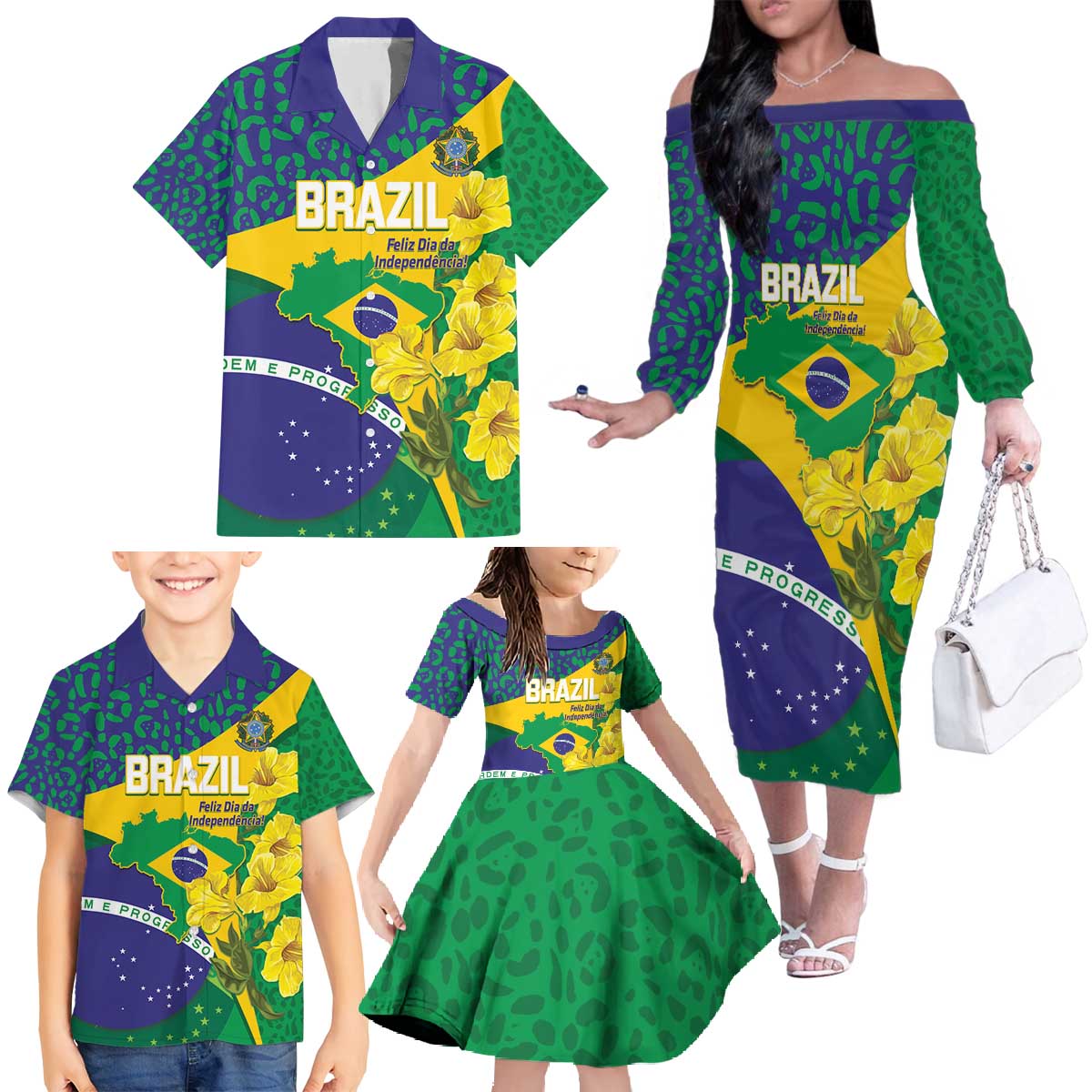 Brazil Independence Day Family Matching Off The Shoulder Long Sleeve Dress and Hawaiian Shirt Ordem e Progresso Map With Golden Trumpet - Wonder Print Shop