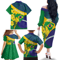 Brazil Independence Day Family Matching Off The Shoulder Long Sleeve Dress and Hawaiian Shirt Ordem e Progresso Map With Golden Trumpet - Wonder Print Shop