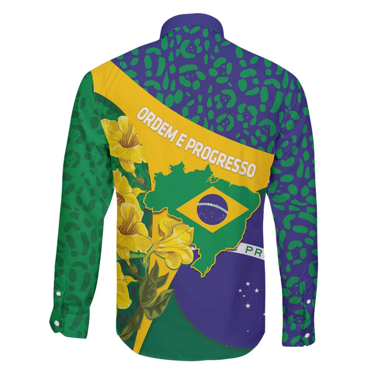 Brazil Independence Day Family Matching Off The Shoulder Long Sleeve Dress and Hawaiian Shirt Ordem e Progresso Map With Golden Trumpet - Wonder Print Shop