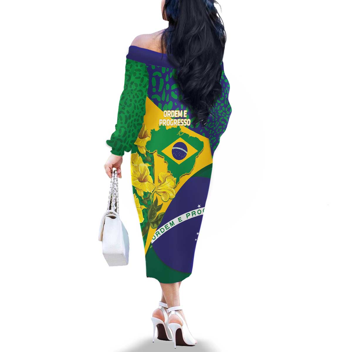 Brazil Independence Day Family Matching Off The Shoulder Long Sleeve Dress and Hawaiian Shirt Ordem e Progresso Map With Golden Trumpet - Wonder Print Shop