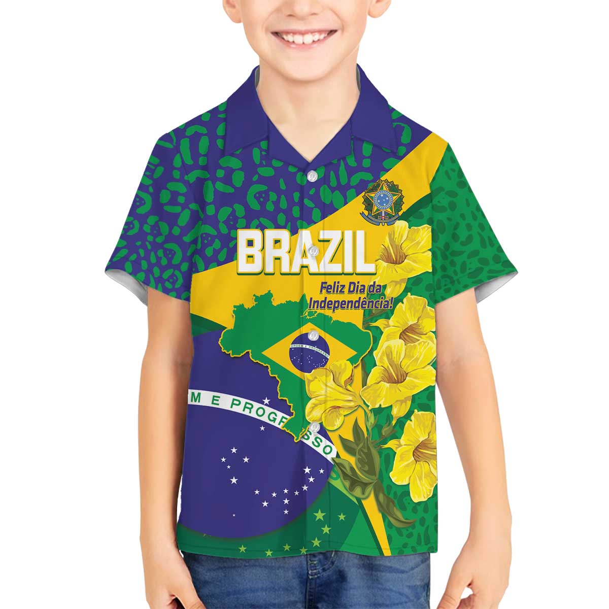 Brazil Independence Day Family Matching Off The Shoulder Long Sleeve Dress and Hawaiian Shirt Ordem e Progresso Map With Golden Trumpet - Wonder Print Shop