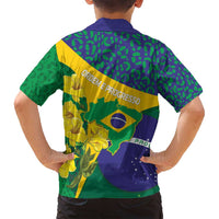 Brazil Independence Day Family Matching Off Shoulder Maxi Dress and Hawaiian Shirt Ordem e Progresso Map With Golden Trumpet - Wonder Print Shop
