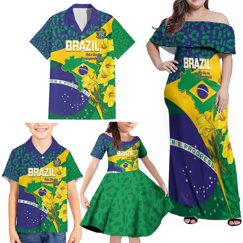 Brazil Independence Day Family Matching Off Shoulder Maxi Dress and Hawaiian Shirt Ordem e Progresso Map With Golden Trumpet - Wonder Print Shop
