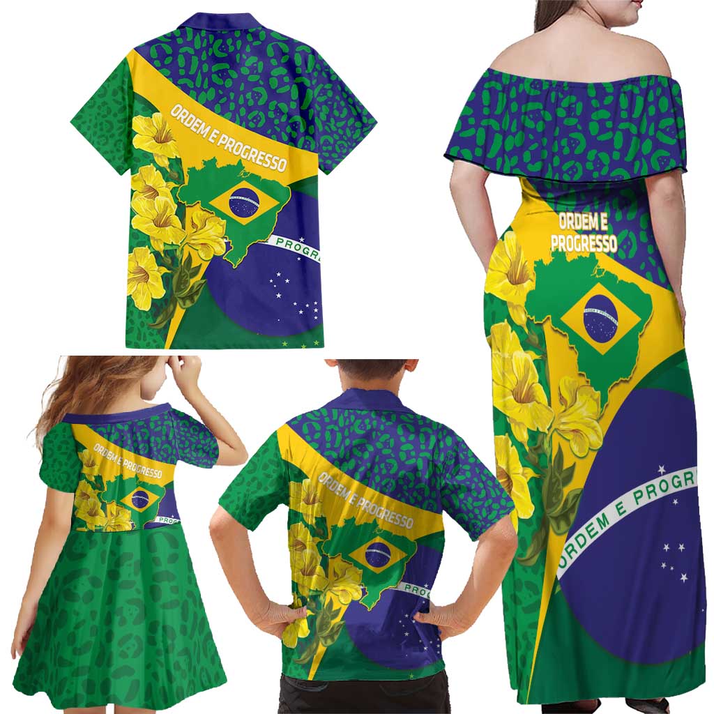 Brazil Independence Day Family Matching Off Shoulder Maxi Dress and Hawaiian Shirt Ordem e Progresso Map With Golden Trumpet - Wonder Print Shop