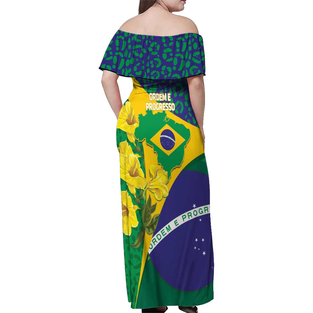 Brazil Independence Day Family Matching Off Shoulder Maxi Dress and Hawaiian Shirt Ordem e Progresso Map With Golden Trumpet - Wonder Print Shop