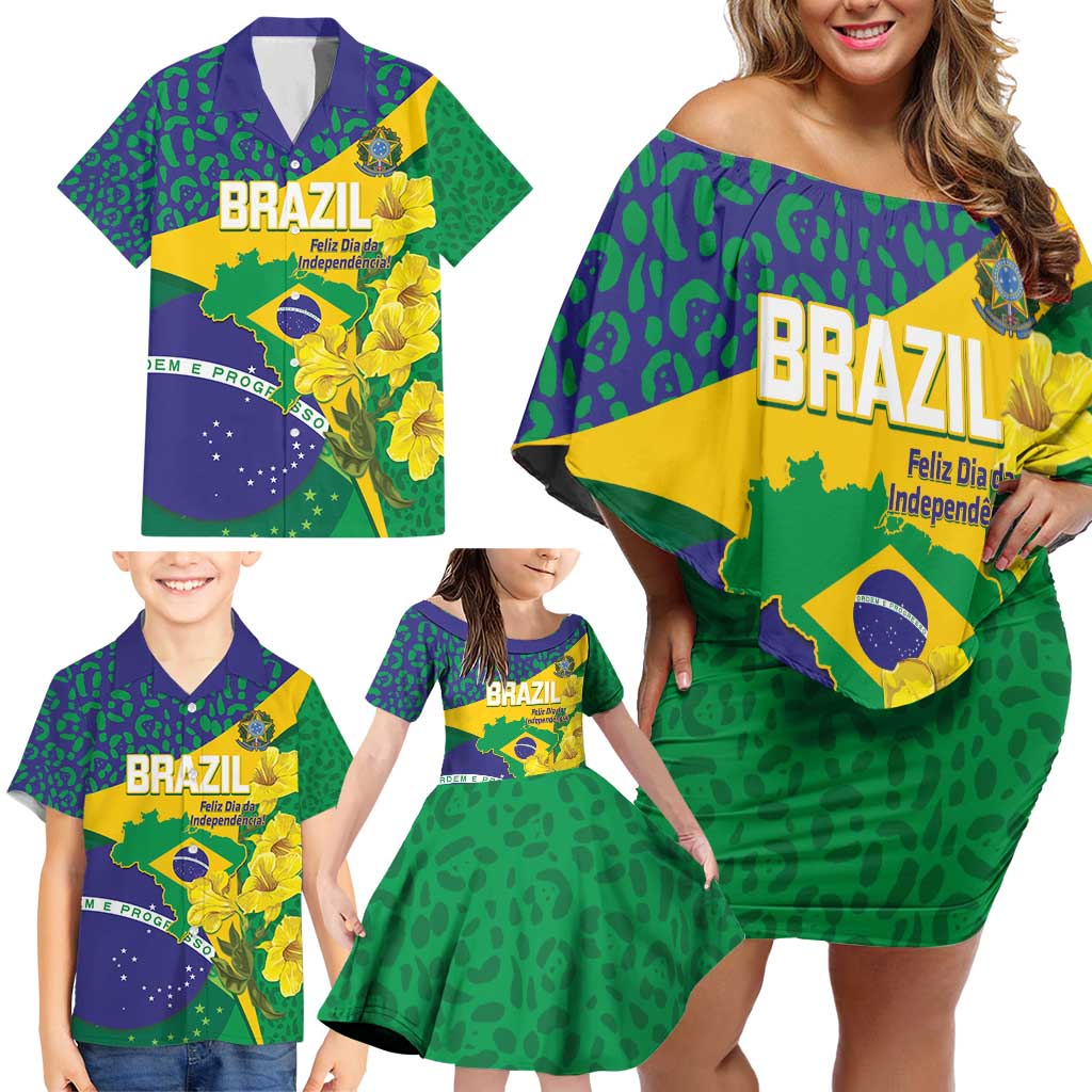 Brazil Independence Day Family Matching Off Shoulder Short Dress and Hawaiian Shirt Ordem e Progresso Map With Golden Trumpet - Wonder Print Shop