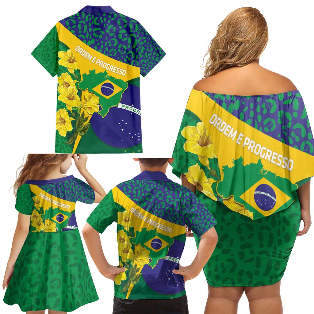 Brazil Independence Day Family Matching Off Shoulder Short Dress and Hawaiian Shirt Ordem e Progresso Map With Golden Trumpet - Wonder Print Shop