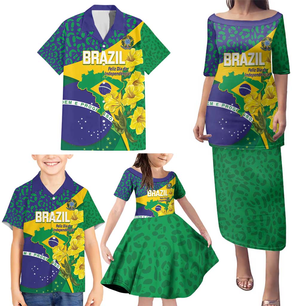 Brazil Independence Day Family Matching Puletasi and Hawaiian Shirt Ordem e Progresso Map With Golden Trumpet - Wonder Print Shop