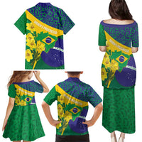 Brazil Independence Day Family Matching Puletasi and Hawaiian Shirt Ordem e Progresso Map With Golden Trumpet - Wonder Print Shop