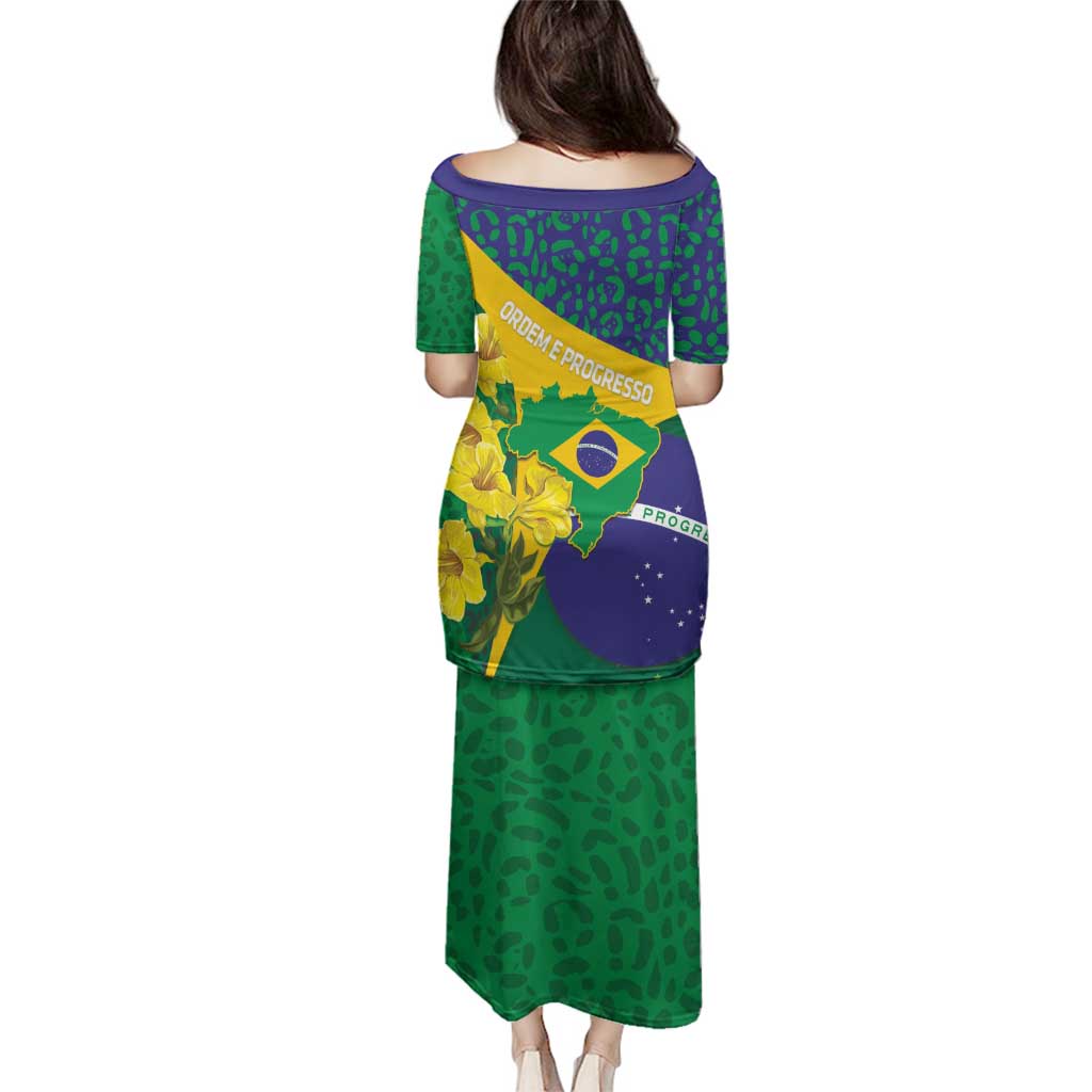 Brazil Independence Day Family Matching Puletasi and Hawaiian Shirt Ordem e Progresso Map With Golden Trumpet - Wonder Print Shop
