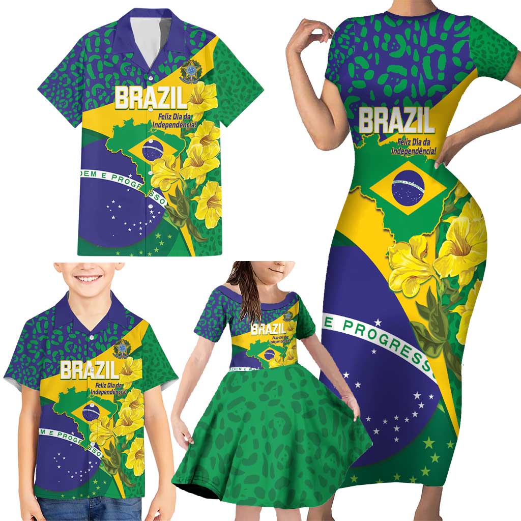 Brazil Independence Day Family Matching Short Sleeve Bodycon Dress and Hawaiian Shirt Ordem e Progresso Map With Golden Trumpet - Wonder Print Shop