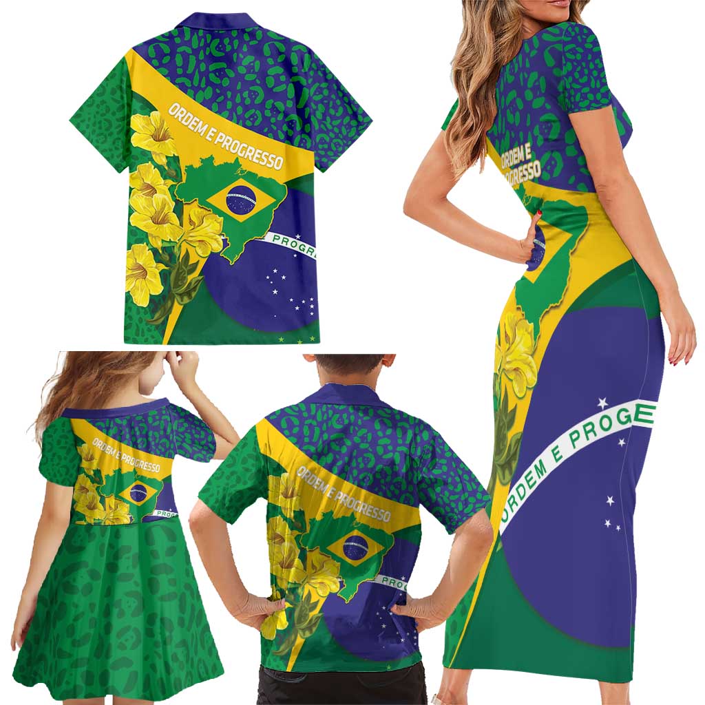 Brazil Independence Day Family Matching Short Sleeve Bodycon Dress and Hawaiian Shirt Ordem e Progresso Map With Golden Trumpet - Wonder Print Shop