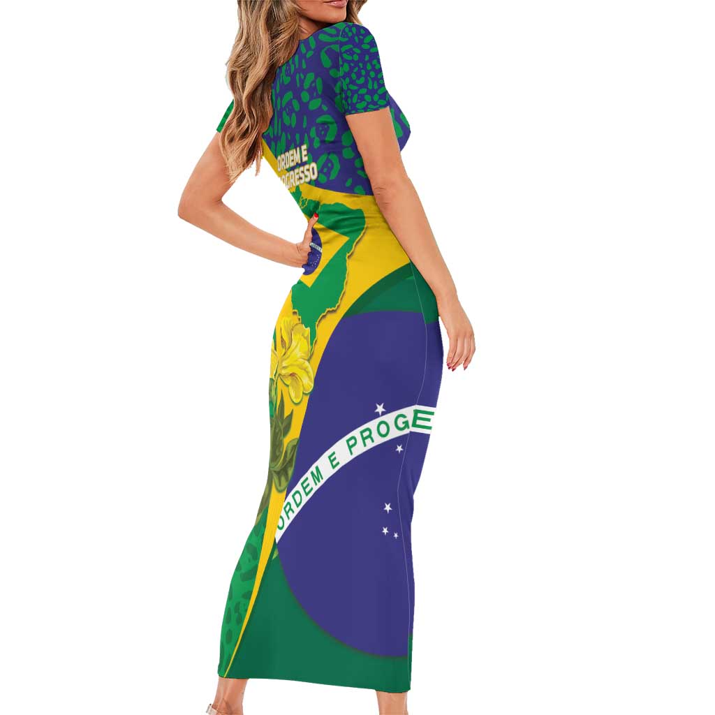 Brazil Independence Day Family Matching Short Sleeve Bodycon Dress and Hawaiian Shirt Ordem e Progresso Map With Golden Trumpet - Wonder Print Shop