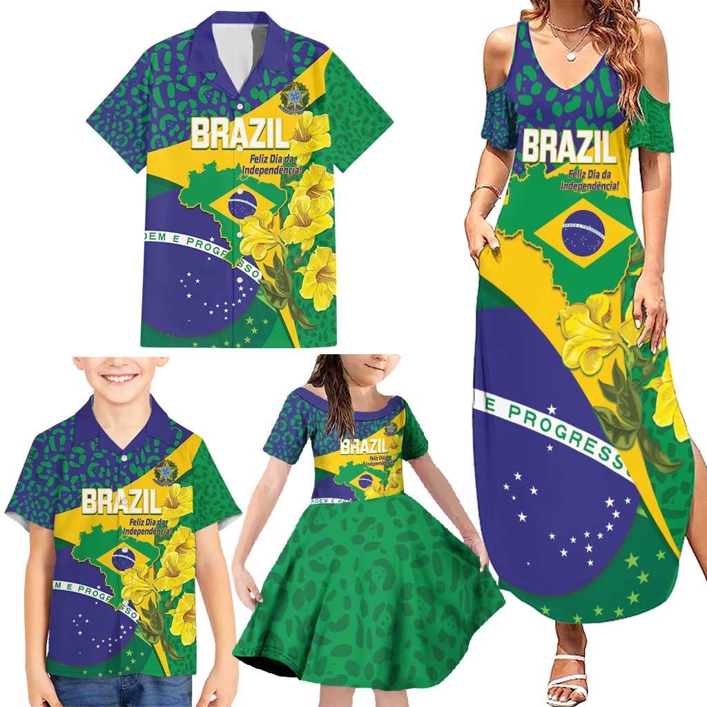 Brazil Independence Day Family Matching Summer Maxi Dress and Hawaiian Shirt Ordem e Progresso Map With Golden Trumpet - Wonder Print Shop
