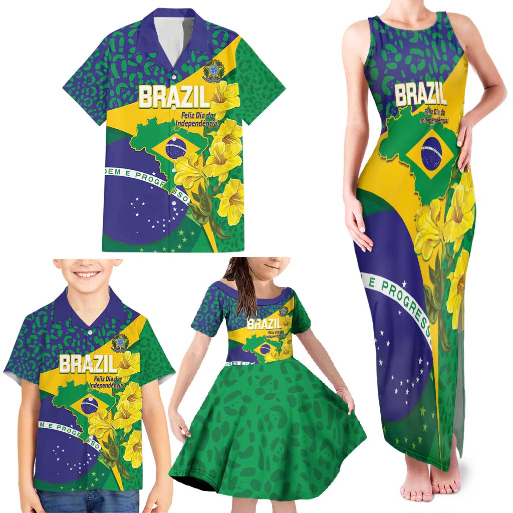 Brazil Independence Day Family Matching Tank Maxi Dress and Hawaiian Shirt Ordem e Progresso Map With Golden Trumpet - Wonder Print Shop
