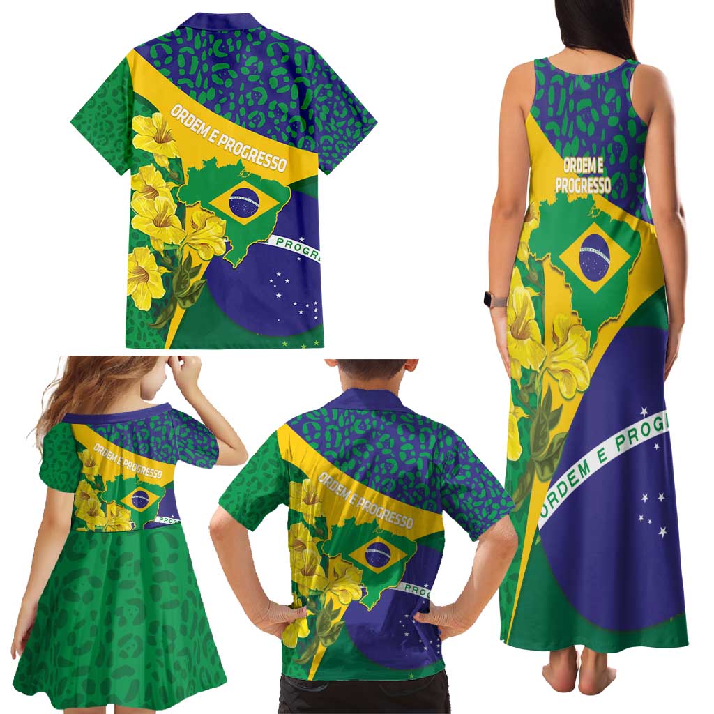 Brazil Independence Day Family Matching Tank Maxi Dress and Hawaiian Shirt Ordem e Progresso Map With Golden Trumpet - Wonder Print Shop