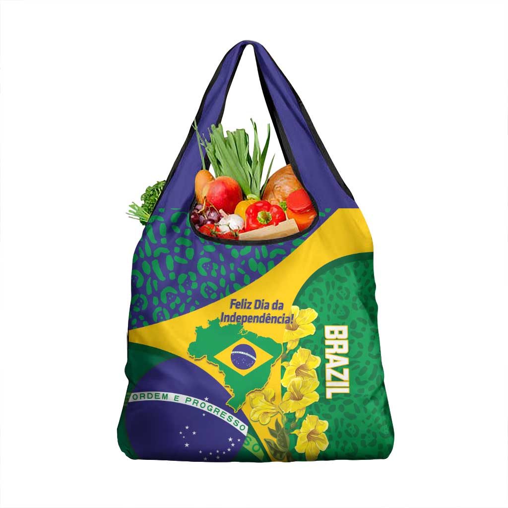 Brazil Independence Day Grocery Bag Ordem e Progresso Map With Golden Trumpet - Wonder Print Shop
