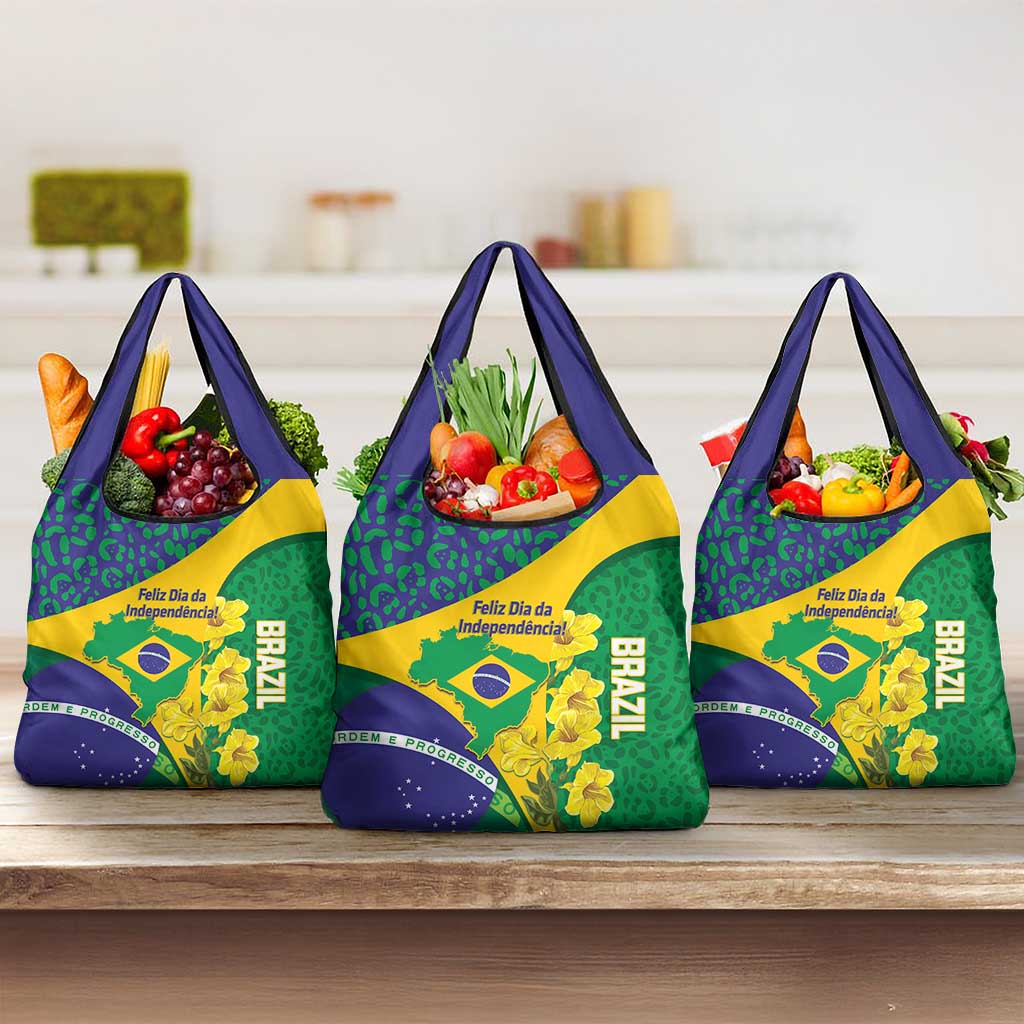 Brazil Independence Day Grocery Bag Ordem e Progresso Map With Golden Trumpet - Wonder Print Shop