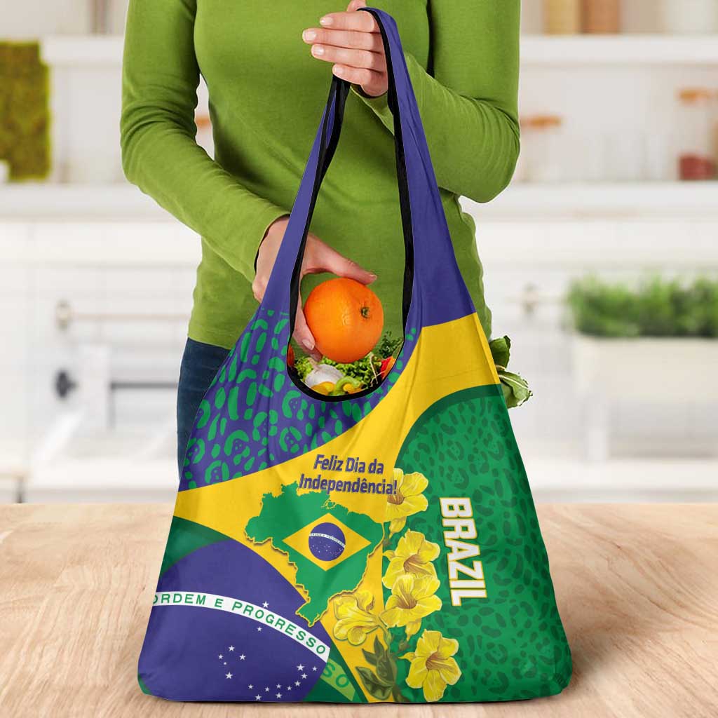Brazil Independence Day Grocery Bag Ordem e Progresso Map With Golden Trumpet - Wonder Print Shop