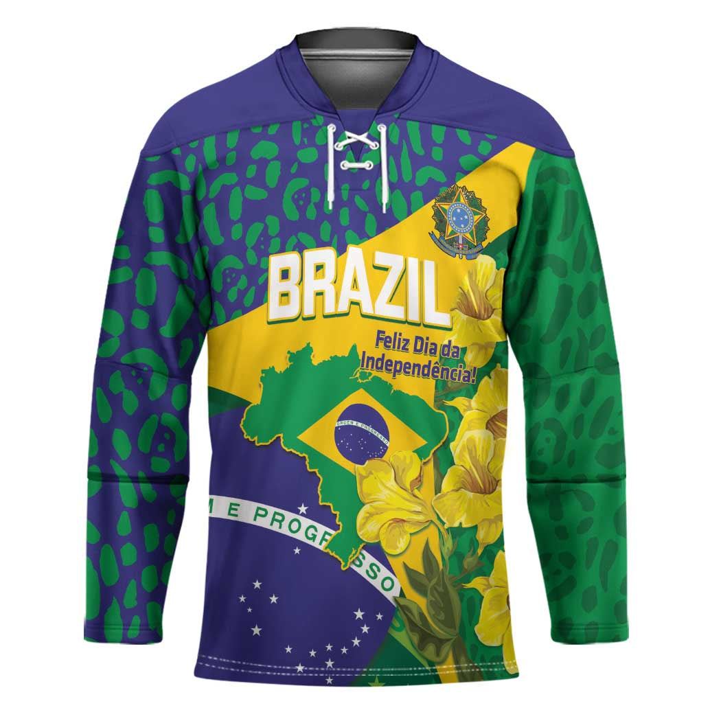 Brazil Independence Day Hockey Jersey Ordem e Progresso Map With Golden Trumpet - Wonder Print Shop