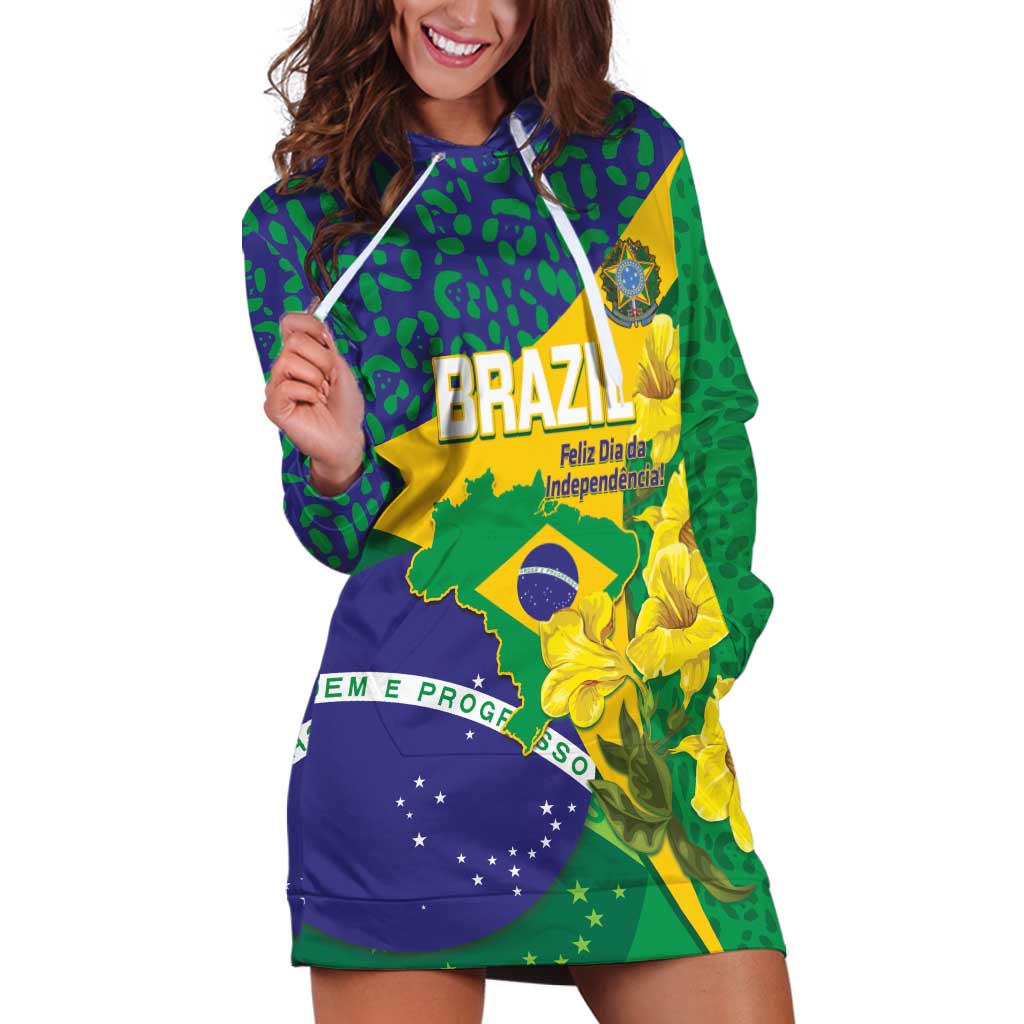 Brazil Independence Day Hoodie Dress Ordem e Progresso Map With Golden Trumpet - Wonder Print Shop