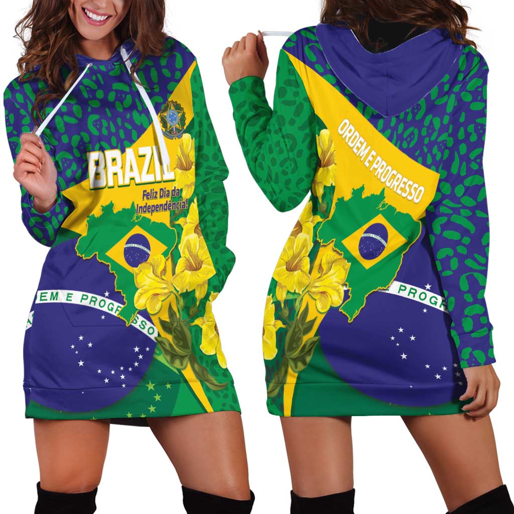 Brazil Independence Day Hoodie Dress Ordem e Progresso Map With Golden Trumpet - Wonder Print Shop