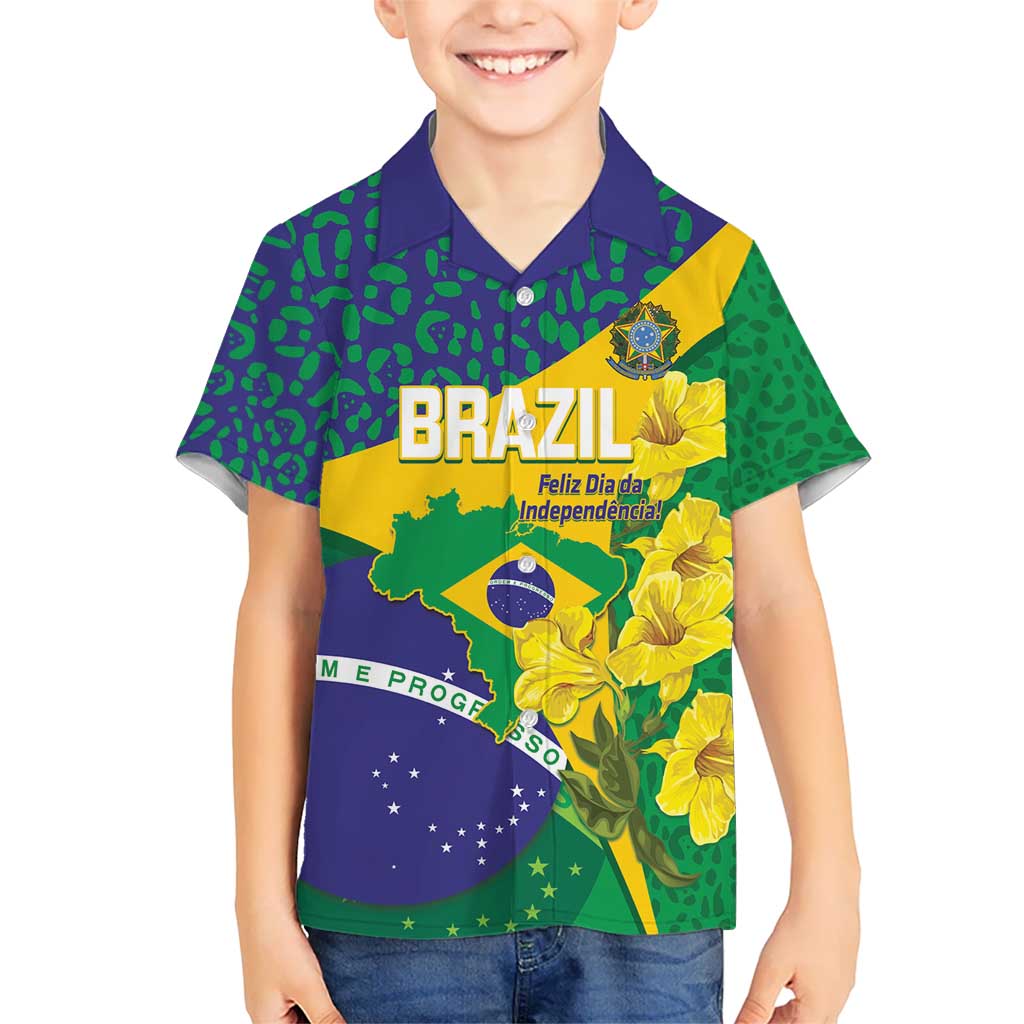 Brazil Independence Day Kid Hawaiian Shirt Ordem e Progresso Map With Golden Trumpet - Wonder Print Shop