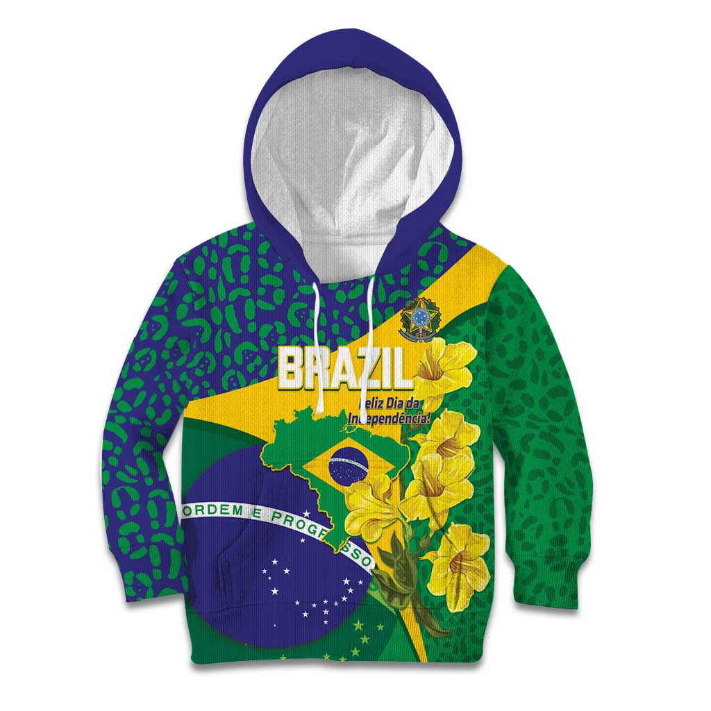 Brazil Independence Day Kid Hoodie Ordem e Progresso Map With Golden Trumpet - Wonder Print Shop