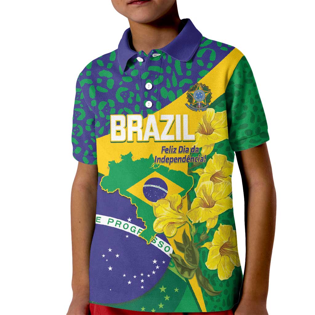Brazil Independence Day Kid Polo Shirt Ordem e Progresso Map With Golden Trumpet - Wonder Print Shop
