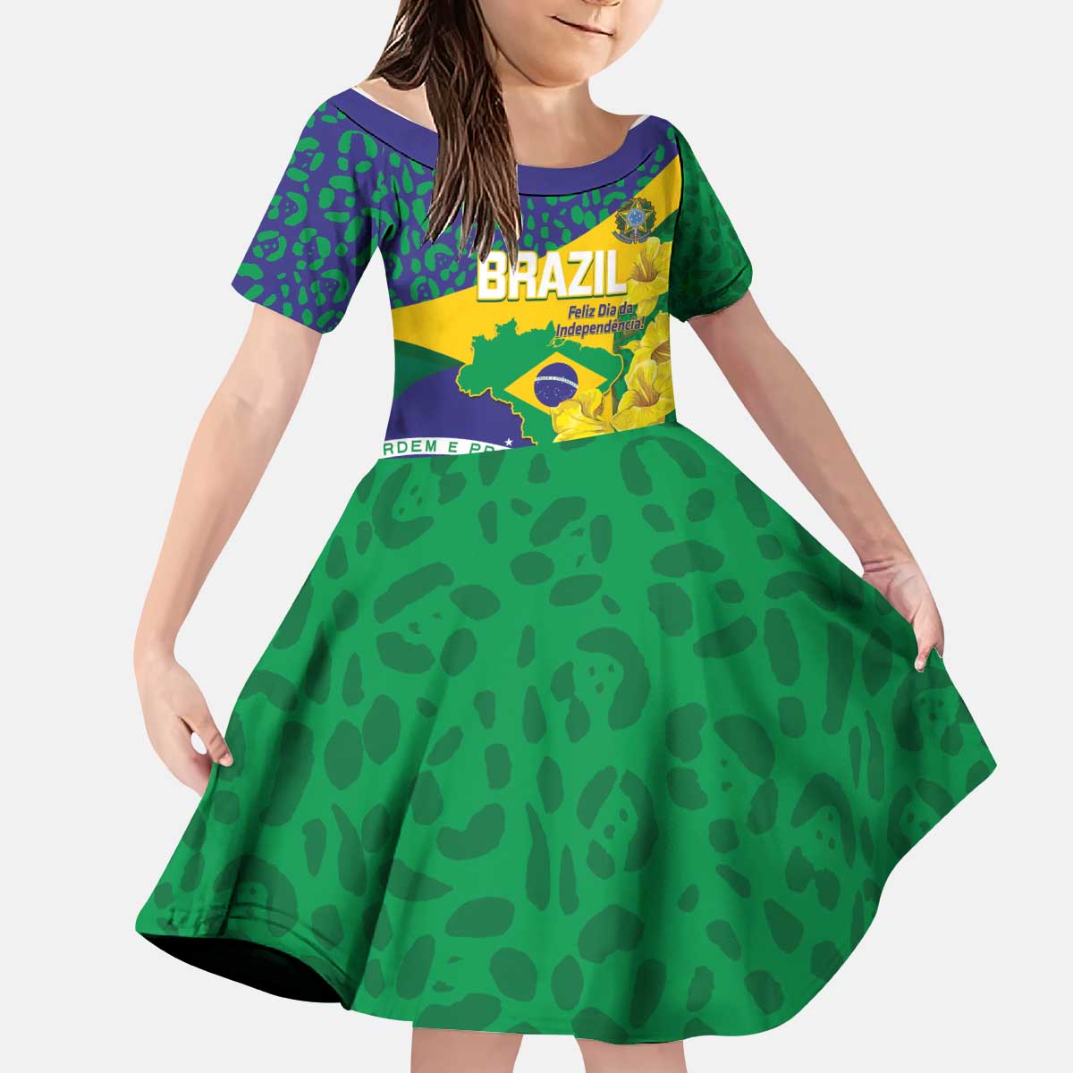 Brazil Independence Day Kid Short Sleeve Dress Ordem e Progresso Map With Golden Trumpet - Wonder Print Shop