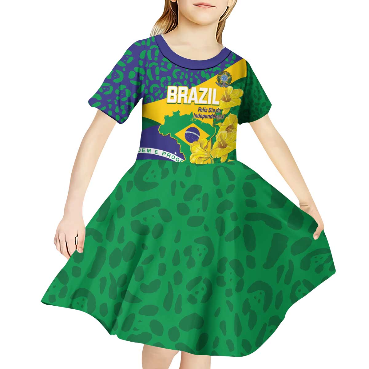 Brazil Independence Day Kid Short Sleeve Dress Ordem e Progresso Map With Golden Trumpet - Wonder Print Shop