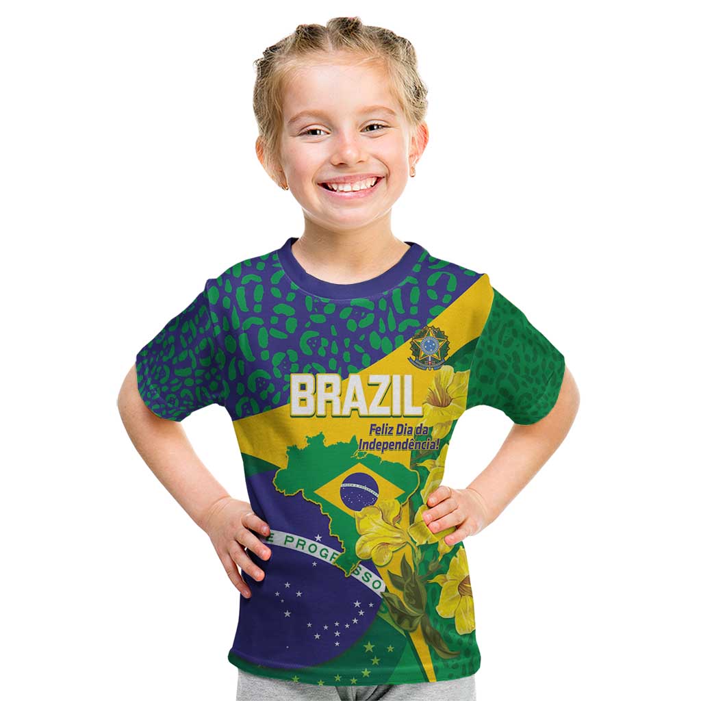 Brazil Independence Day Kid T Shirt Ordem e Progresso Map With Golden Trumpet - Wonder Print Shop
