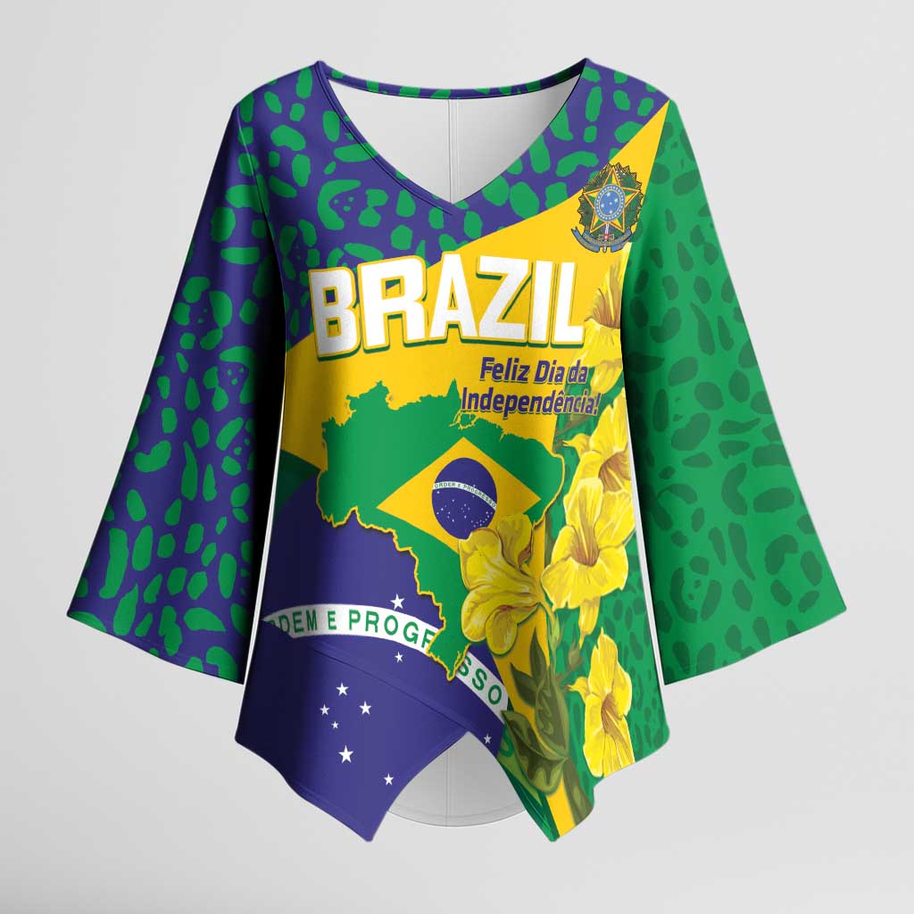 Brazil Independence Day Kimono Sleeve Blouse Ordem e Progresso Map With Golden Trumpet - Wonder Print Shop