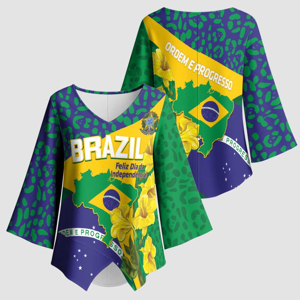 Brazil Independence Day Kimono Sleeve Blouse Ordem e Progresso Map With Golden Trumpet - Wonder Print Shop