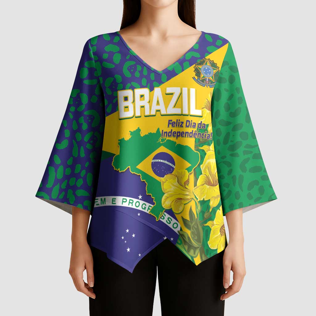 Brazil Independence Day Kimono Sleeve Blouse Ordem e Progresso Map With Golden Trumpet - Wonder Print Shop