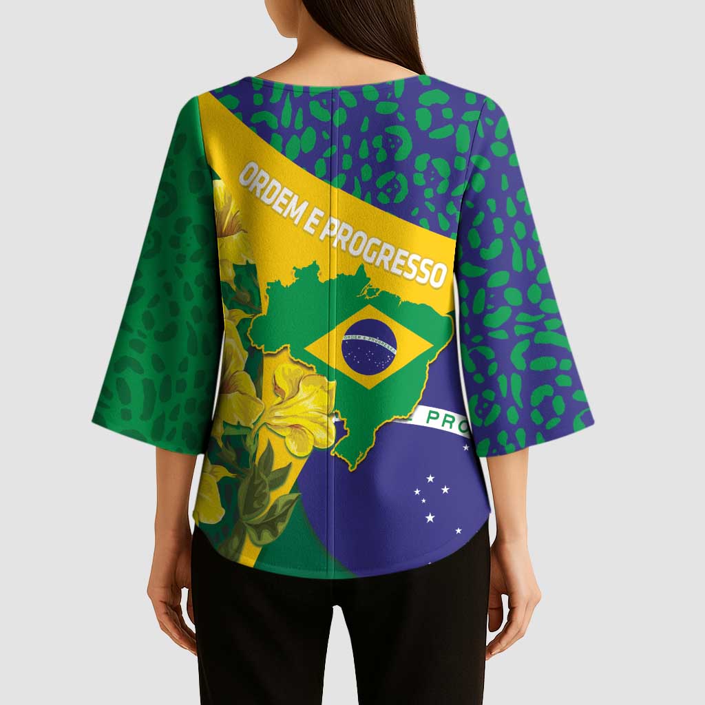 Brazil Independence Day Kimono Sleeve Blouse Ordem e Progresso Map With Golden Trumpet - Wonder Print Shop