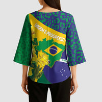 Brazil Independence Day Kimono Sleeve Blouse Ordem e Progresso Map With Golden Trumpet - Wonder Print Shop