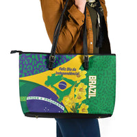 Brazil Independence Day Leather Tote Bag Ordem e Progresso Map With Golden Trumpet - Wonder Print Shop
