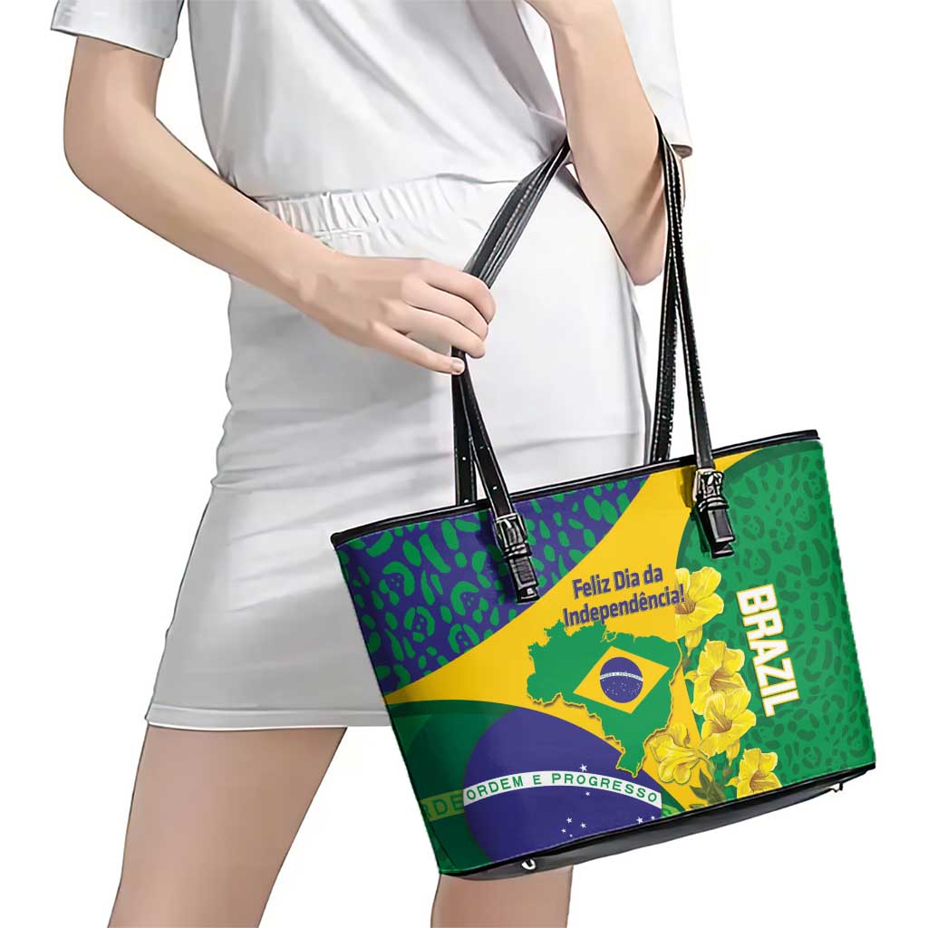 Brazil Independence Day Leather Tote Bag Ordem e Progresso Map With Golden Trumpet - Wonder Print Shop