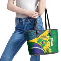 Brazil Independence Day Leather Tote Bag Ordem e Progresso Map With Golden Trumpet - Wonder Print Shop